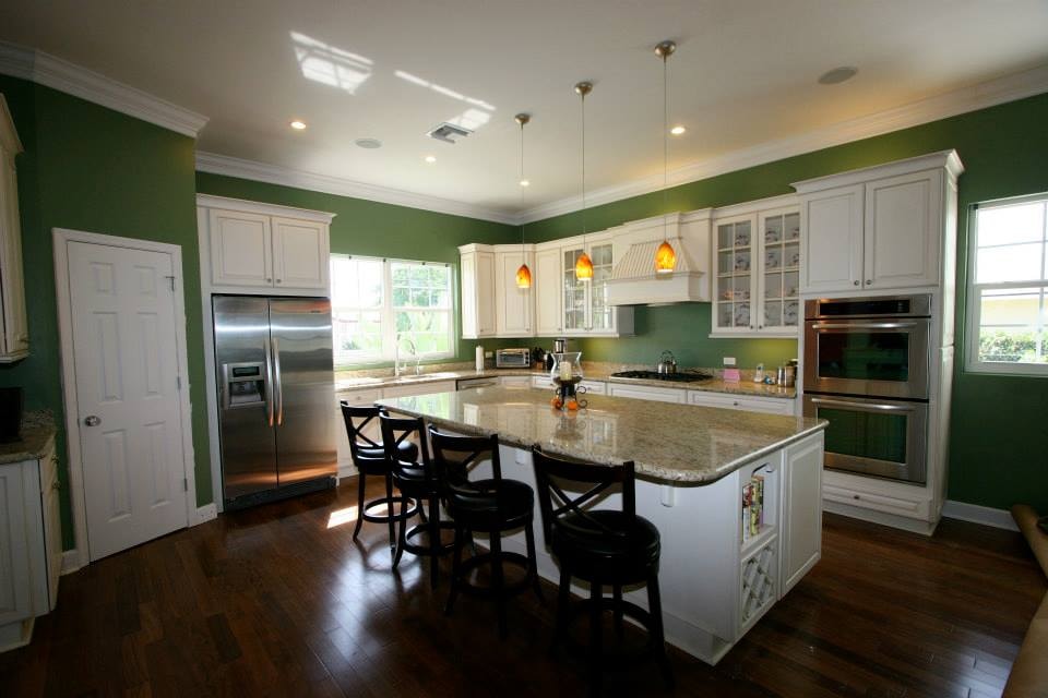 Roberts kitchen — full view with island and seating