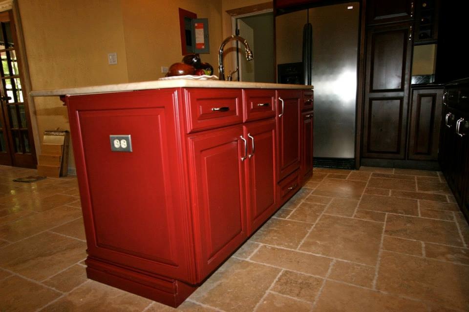 Saunders kitchen — bold red island with corbels